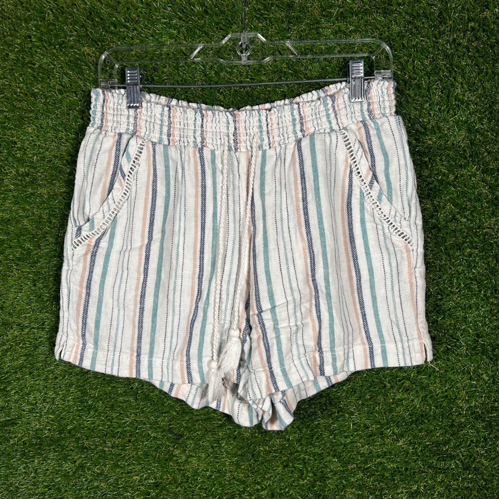 Briggs Womens Medium Striped Linen Blend Shorts Tassel Drawstring Smocked‎ Waist
